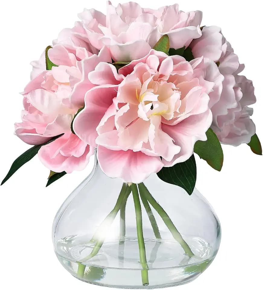 GarveeTech Real Touch Silk Peony Artificial Flowers, Pink Peonies in Glass Vase with Faux Water, Large Flower Arrangement for Wedding Centerpiece, Home Table, Party & Bathroom Decor
