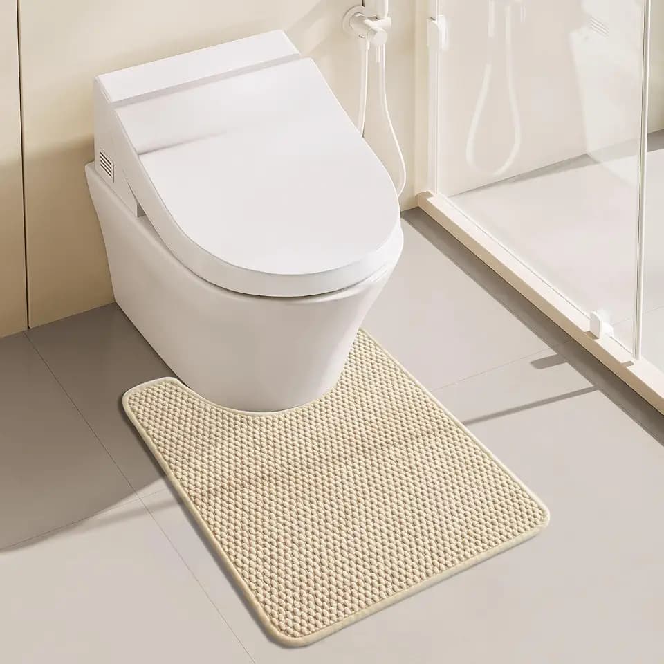 BULULOM Bathroom Toilet Rug, Chenille Bathroom Mat for Toilet Mat, Non Slip Absorbent Bath Rug, Washable U Shap Mat Contour Bath Rugs for Toilet Base Khaki 20"*24"