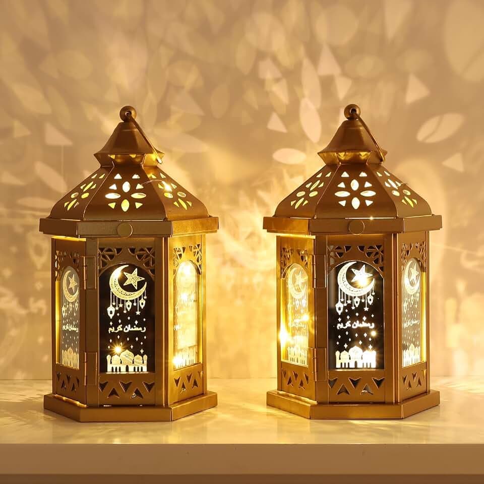 Ramadan Decorations for Home, 2 PCS 11''H Metal Decorative Candle Lantern for Tabletop Mantel Decor, Vintage EID Mubarak Lantern Candle Holders for Indoor Outdoor Decor Gift