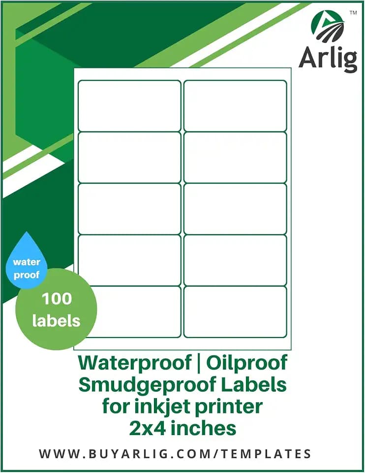 Arlig 2x4 Inch Waterproof Labels for Inkjet Printers – Smudge-Proof, Oil-Proof for DIY, Crafts, Bottles, Food, Pantry, Organization, and Jars | 100 Labels (10 Sheets, 10/Sheet) (Matte)