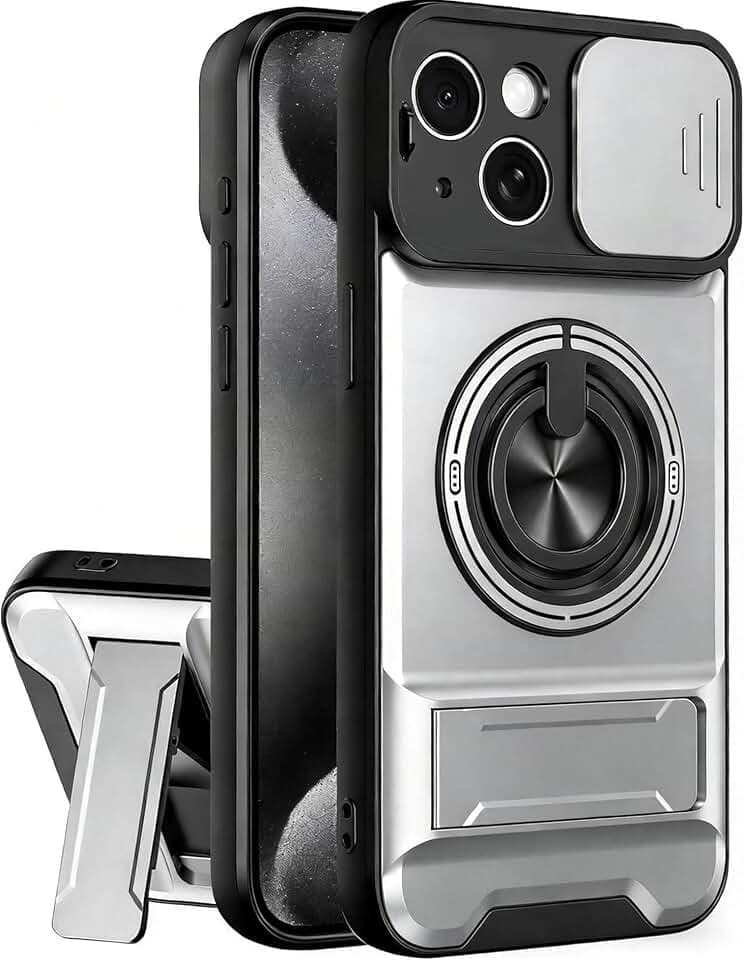 Dssairo for iPhone 15 case with 360°Rotation Magnetic Ring Compatible with MagSafe Slide Camera Cover Foldable Stand Military-Grade Shockproof Protective case (Silver, iPhone 15)