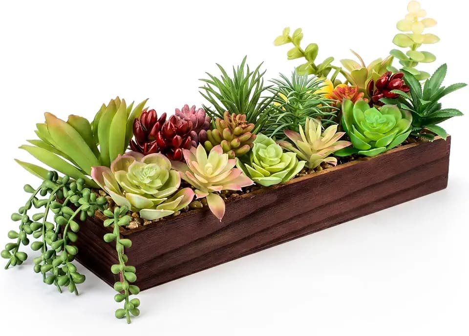 Canlierr Artificial Succulent Arrangement 16 Inch Faux Succulents Plants in Brown Rectangular Wooden Pot Faux Potted Plants for Table Centerpiece Window Sill Greenery Decor