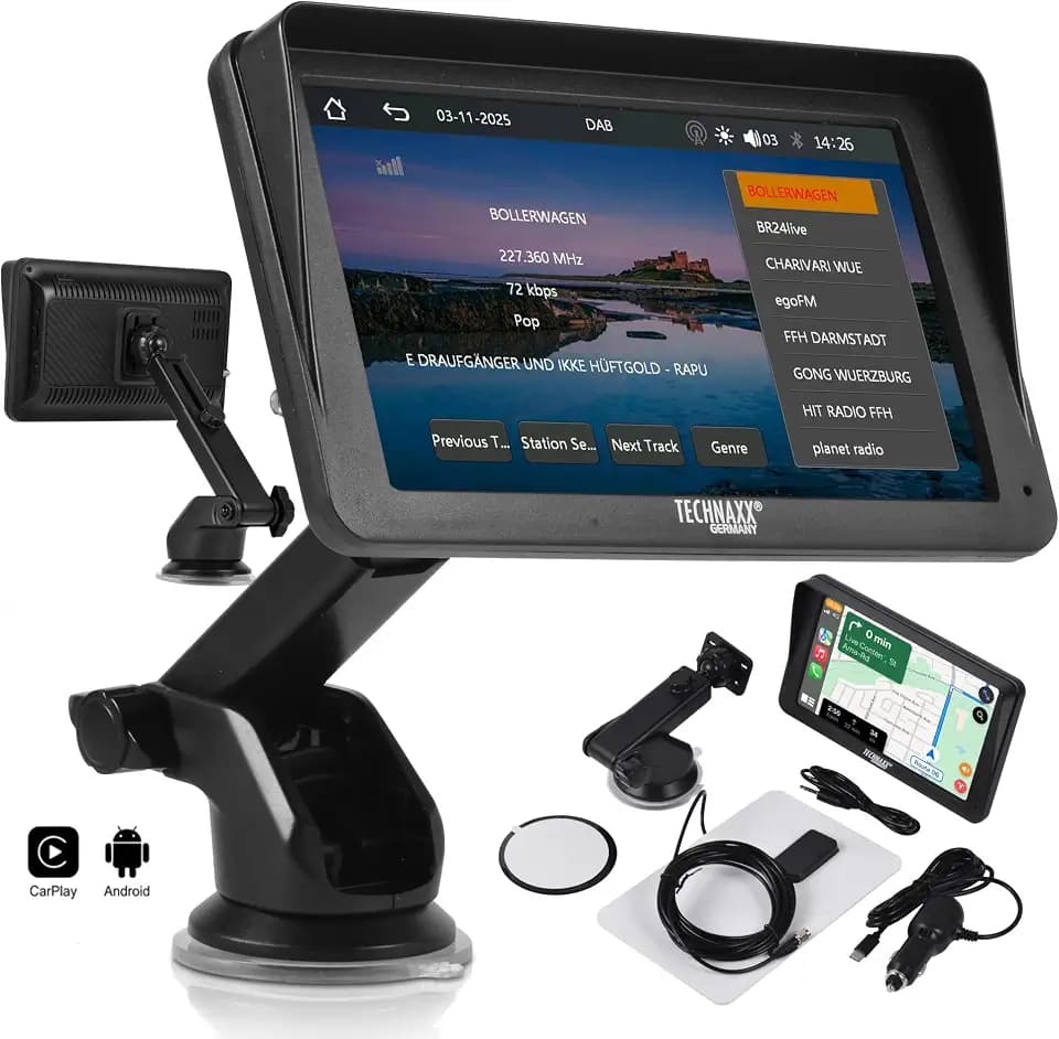 Technaxx Wireless CarPlay & Android Auto Monitor mit DAB Radio – 7 Zoll Touchscreen Display fürs Auto, Bluetooth 5.0, FM & AUX Audioübertragung, Digitalradio, Windschutzscheibenhalterung – TX-361