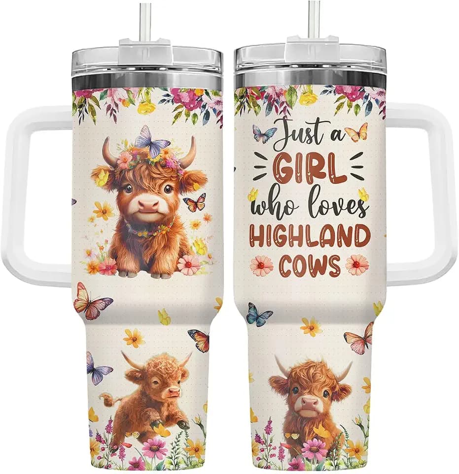 34HD Highland Cow Just Girl Who Loves 40 oz Tumbler with Handle, Mommy Gift