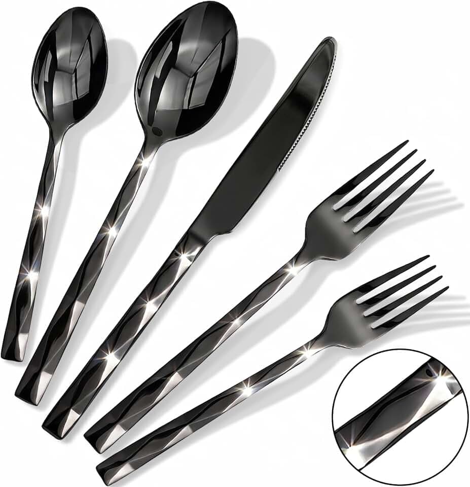 Modern Silverware Set, Stainless Steel Flatware, Twisted Handle Design, 5-Piece Place Setting with Salad Fork, Dinner Fork, Knife, Soup Spoon, Teaspoon (Black)