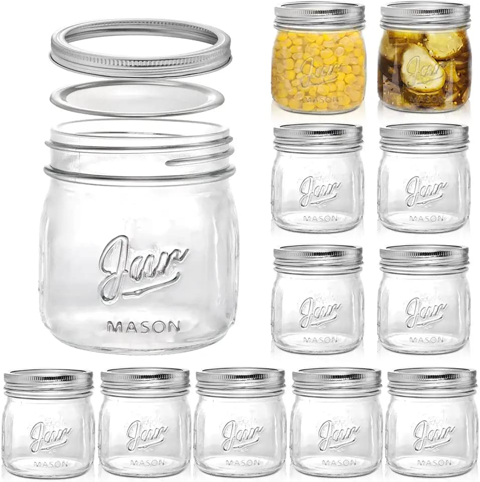 Lyellfe 12 Pack Wide Mouth Mason Jars, 16 Oz Short Glass Canning Jar