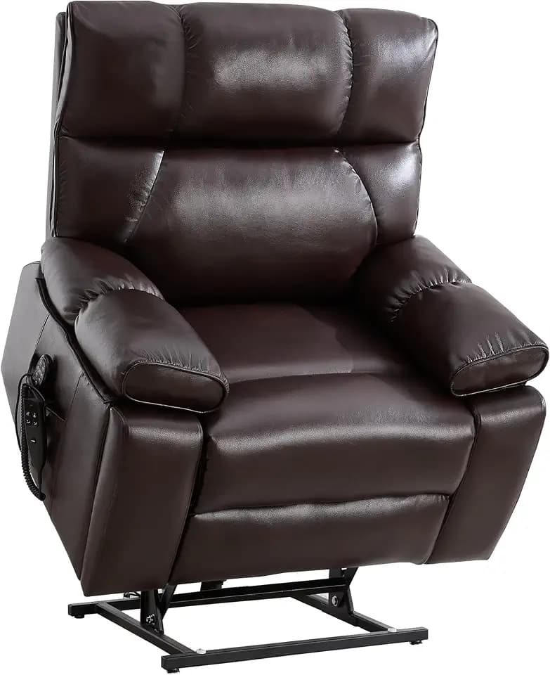 KEIKI Leatheraire Oversized Electric Power Lift Recliner Chair with Heat & Massage, Dual Motor, Infinite Positions, Hidden Cup Holders, Medium-Firm, Heavy Duty Up to 350 lbs, Dark Brown