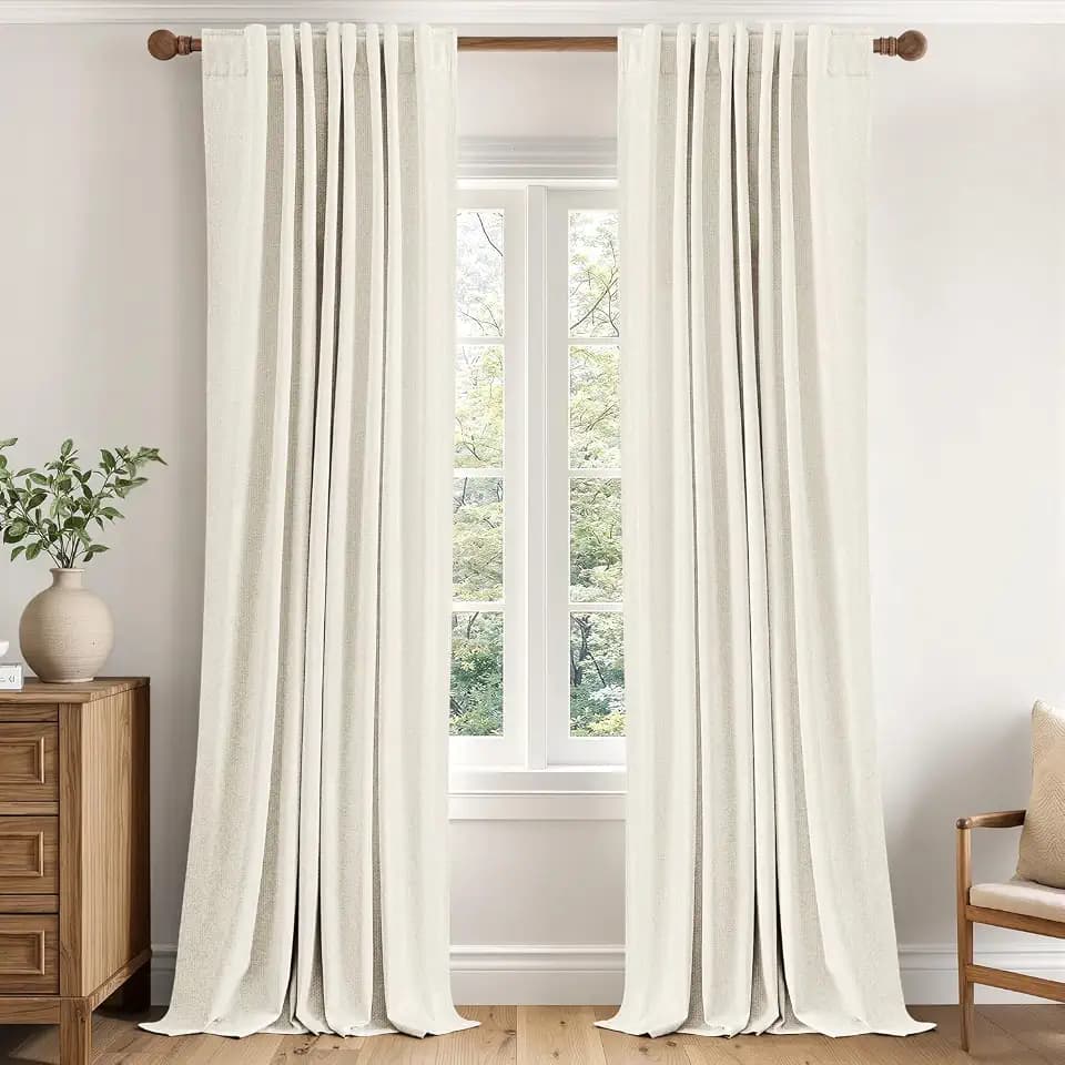 MIULEE 100% Blackout Linen Curtains for Bedroom 40W x 96L Beige White