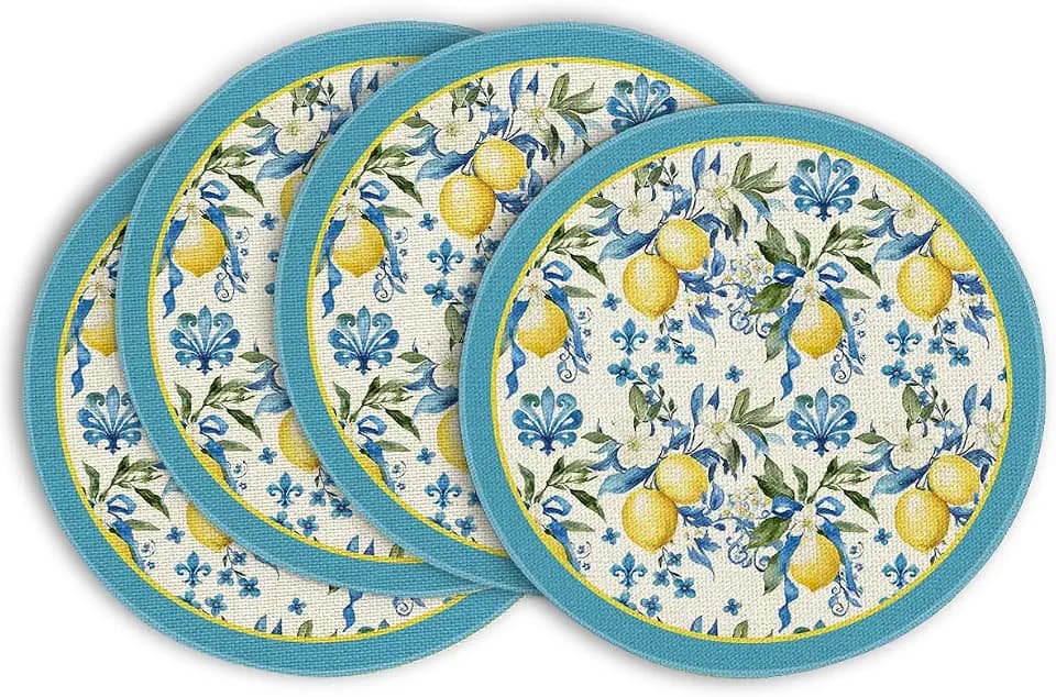 Artoid Mode Blue Lemon Iris Round Summer Placemats Set of 4, 14 Inch Spring Round Table Mats for Dining Decoration