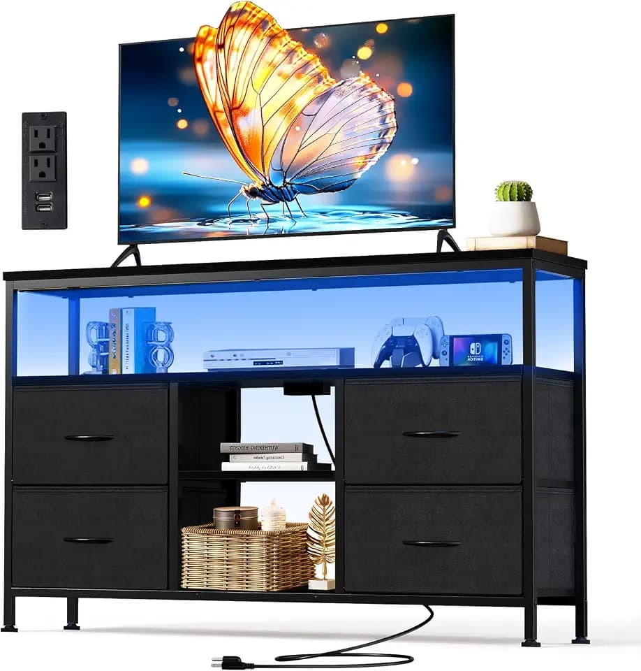 TV Stand with 4 Drawers, LED Lights Dresser with Charging Station