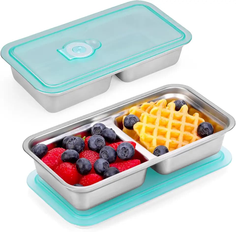 2Pcs Grab and Go Snack Containers, Stainless Steel Snack Containers, Reusable Double Compartment Snacks Containers with Lids For Snacks Dips Takeout, Travel and Outdoor Camping