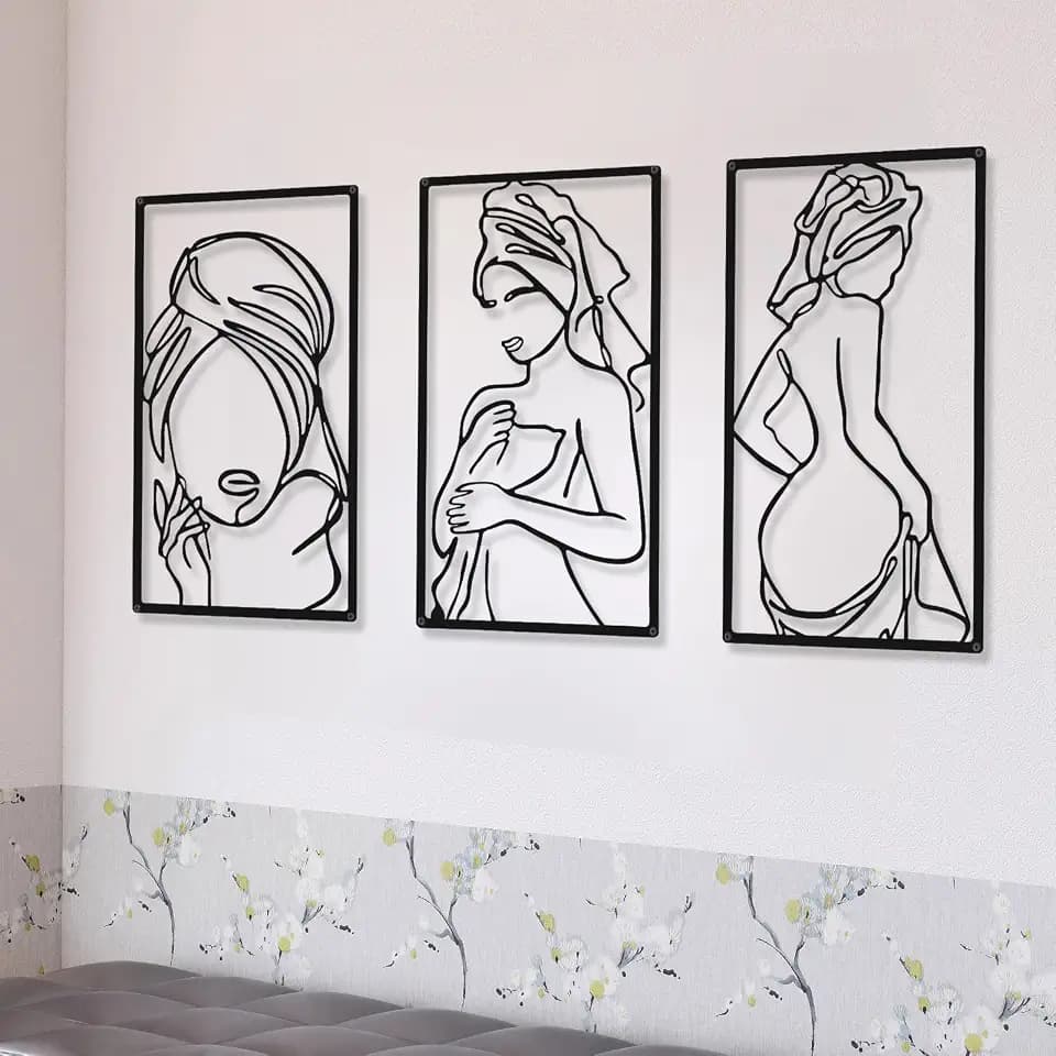 CHENGU 3 Pieces Metal Minimalist Abstract Woman Wall Art Line Drawing Wall Art Decor Single Line Female Home Hanging for Kitchen Bathroom Living Room