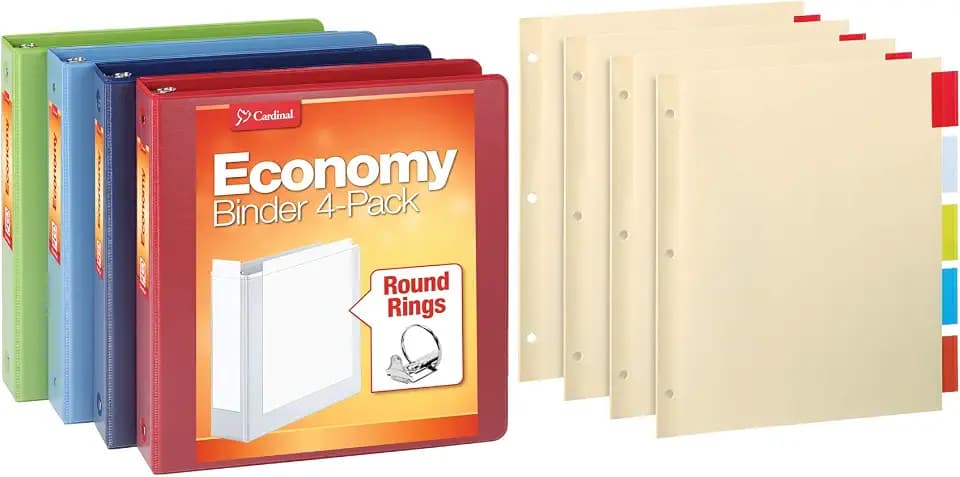 Cardinal 3 Ring Binders Economy Pack, 4 Sets of Binder Dividers, Durable 1.5 Inch, Holds 350 Sheets, ClearVue, Non-Stick, Assorted Colors, 4 Pack