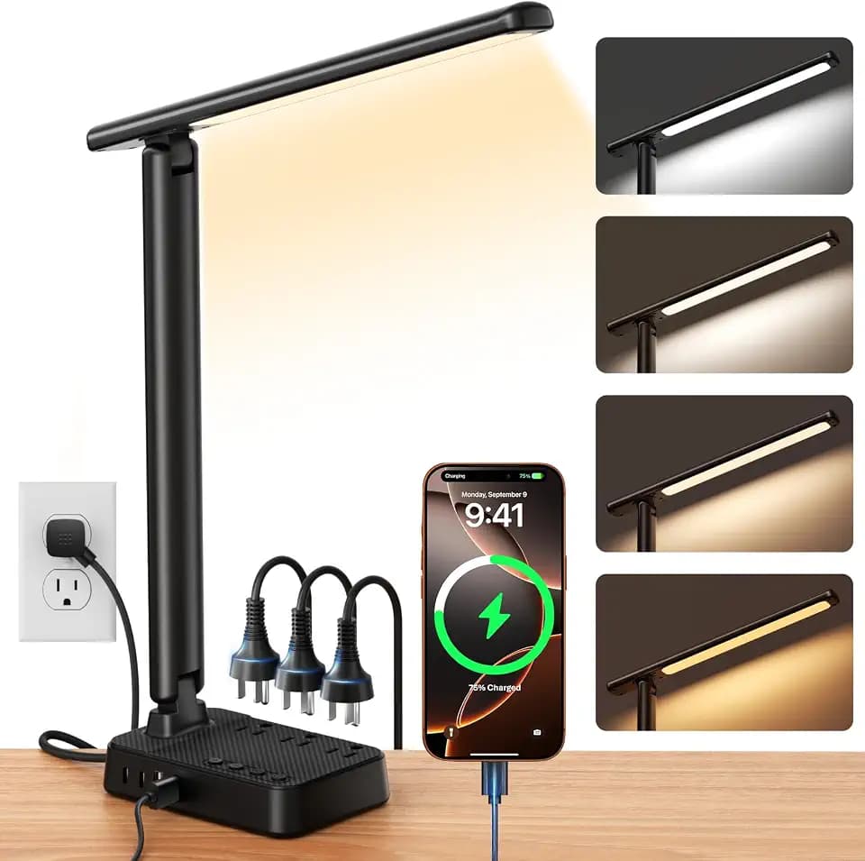 LED Desk Lamp with Power Strip, 3 AC Outlets, 4 USB Ports, Stepless Dimming