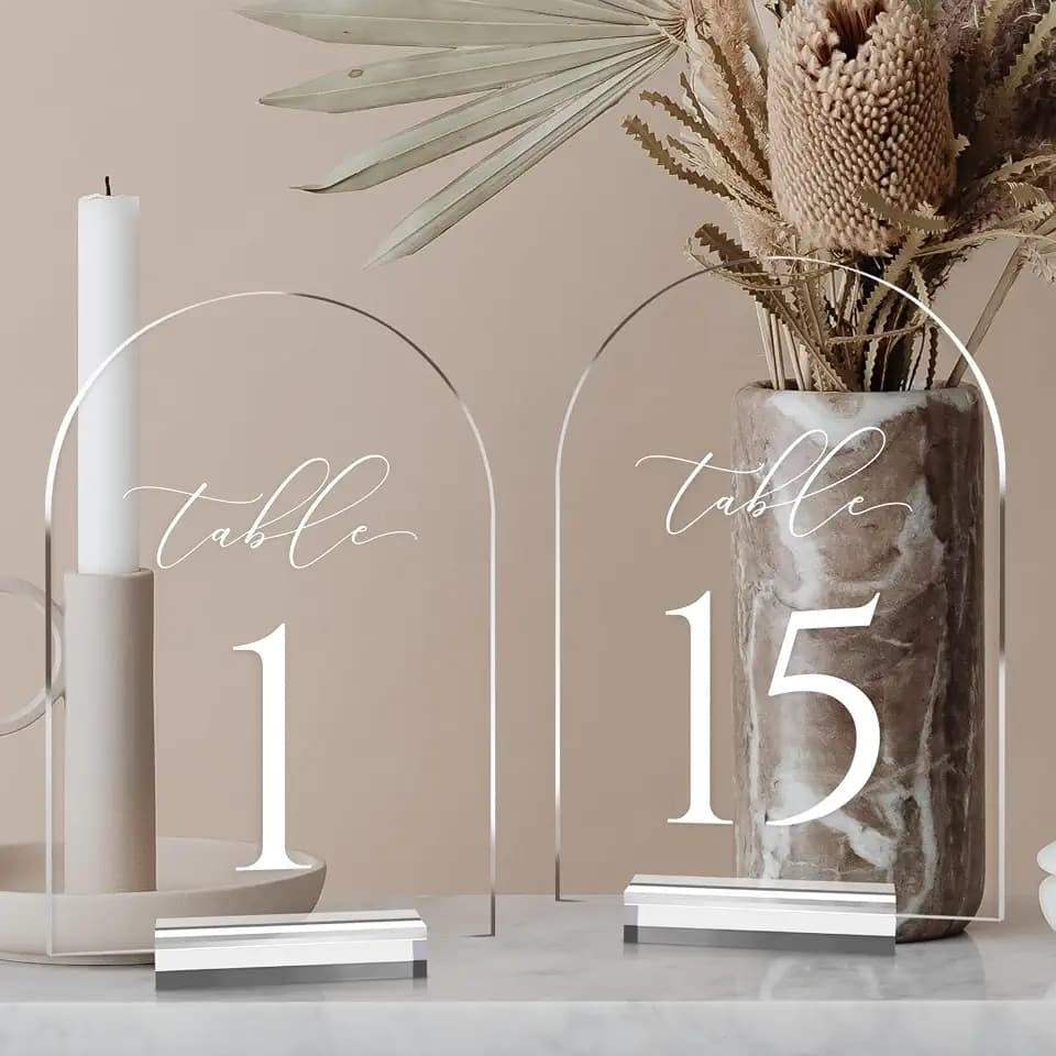 Clear Arch Table Numbers for Wedding, 5x7 Inch Arched Acrylic Table Numbers 1-15 with Stands, Clear Acrylic Arch Sign with Holder for Centerpiece, Reception, Wedding, Party, Event