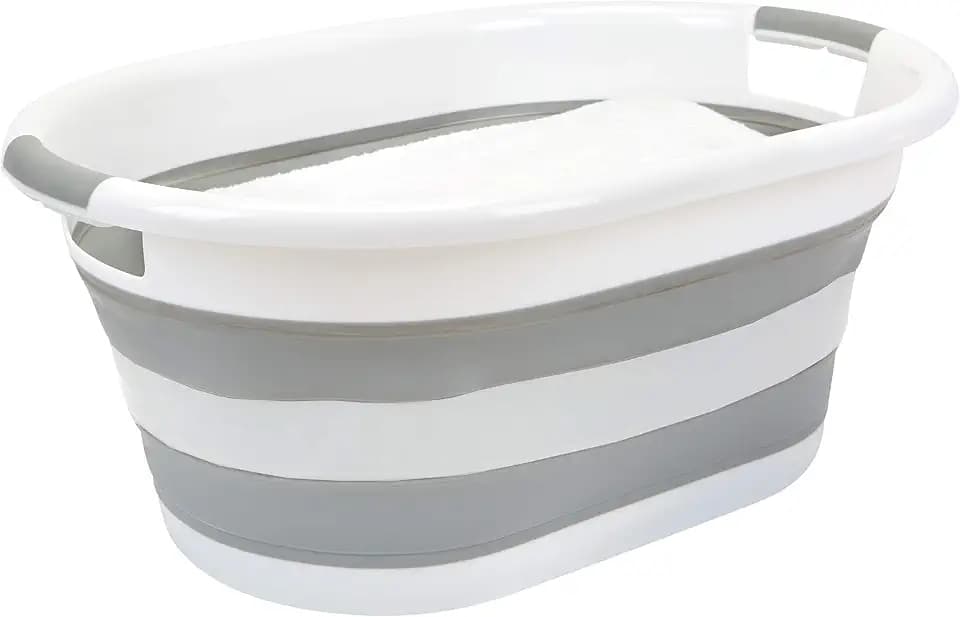 Laundry 360 Collapsible Laundry Basket | Portable | Space Saver Storage | 27 Liter Capacity | Store Under the Bed or Closet | Good for Kids | Dorm | Bedroom | Large | White/Grey