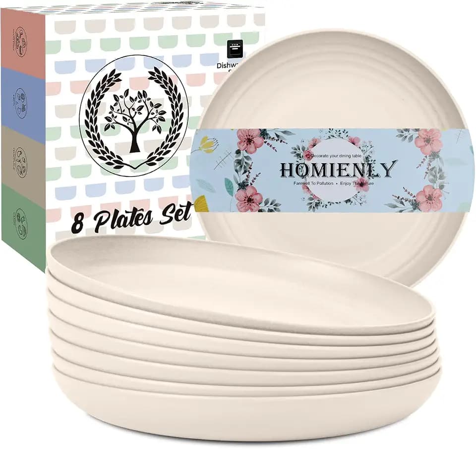 Homienly Wheat Straw Dinner Plates Set of 8, Unbreakable, Dishwasher & Microwave Safe, Modern Style, 9 inch, Beige