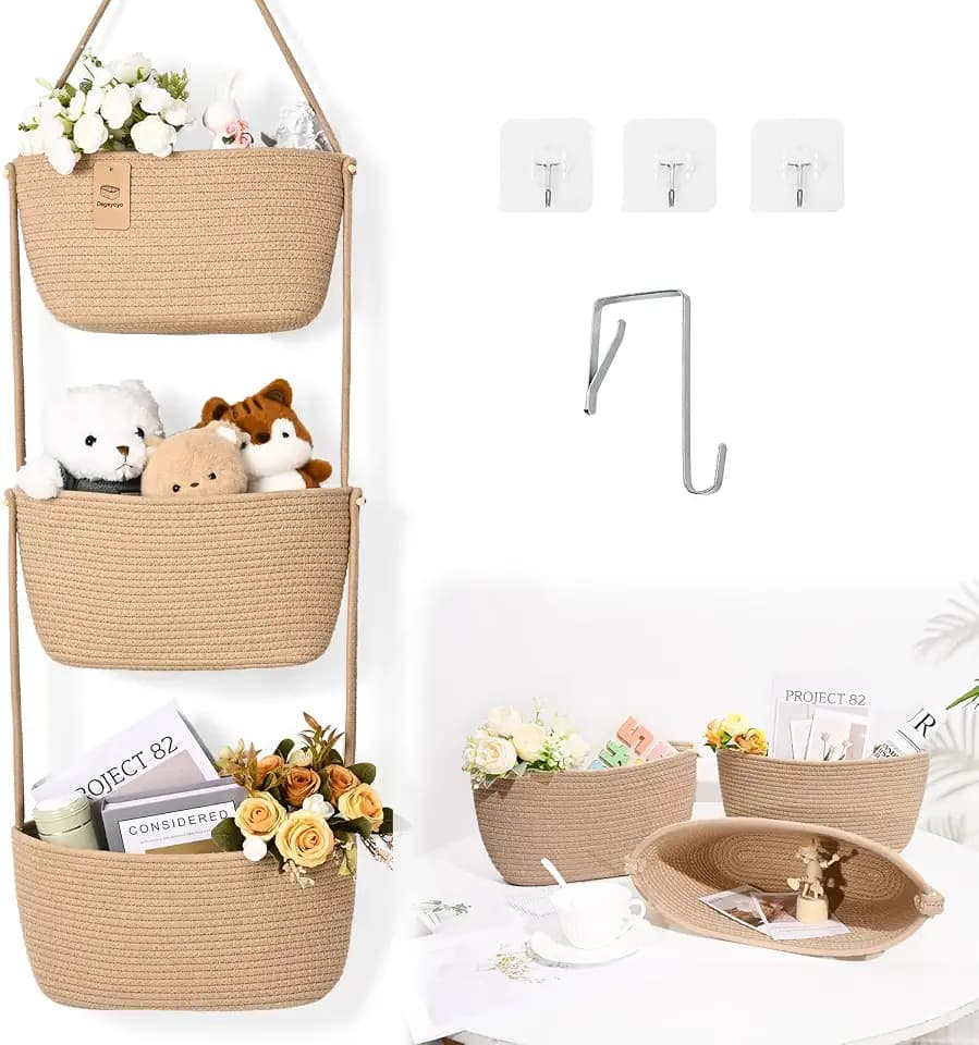 Hanging Basket, 3-Tier Woven Wall Basket with 4 Hooks, Cotton Rope Storage Baskets, Over the Door Organizer for Nursery, Bedroom, Cottage and Boho Wall Decor
