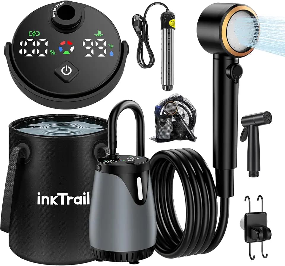 Portable Shower for Camping with Heater & Bucket, 6000mAh Rechargeable Pump