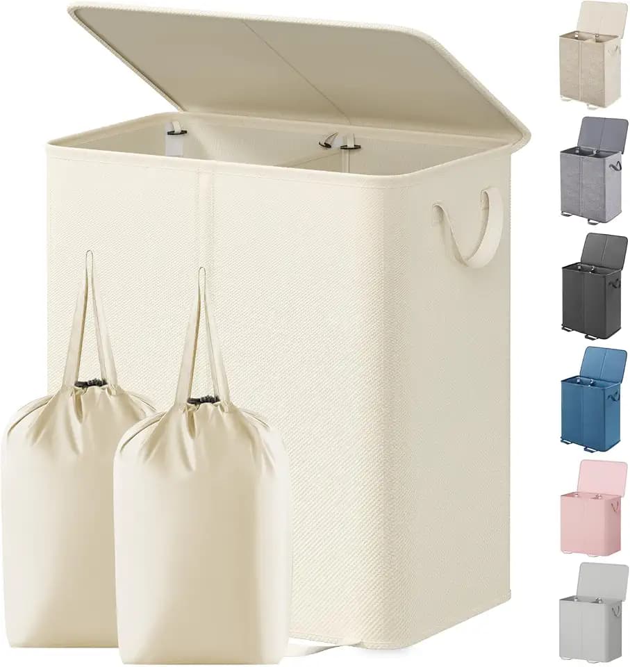 Lifewit Double Laundry Hamper with Lid, Removable Laundry Bags, Ivory White