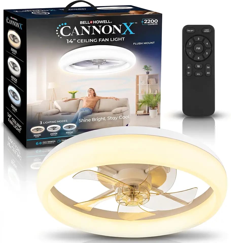 CannonX White 19” Fandelier Ceiling Fans with Lights and Remote, Low Profile Flush Mount Light Fixture Chandelier Fan for Bedroom, Kitchen, Reversible Motor with 6 Speeds, 3 CCT 3500K-5500K