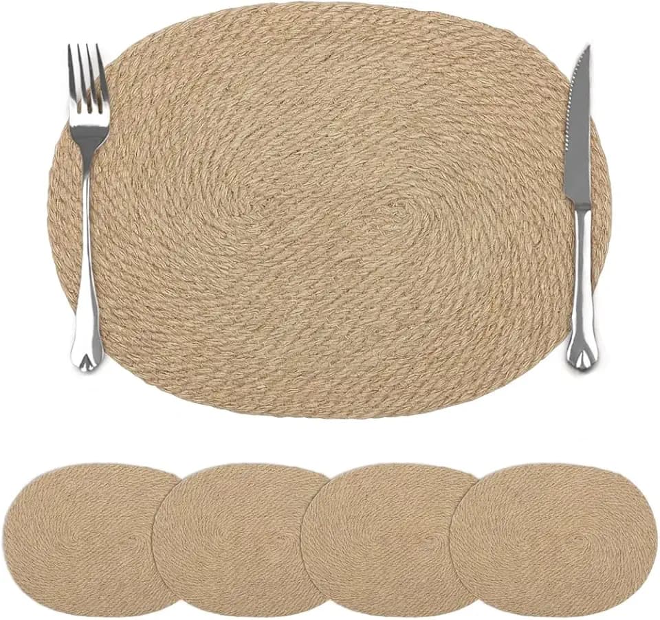 comfoyar Natural Oval Woven Placemats Set of 4, 12x16 Inch Non-Slip Flax Straw Braided Place Mats, Heat Resistant Table Mats for Indoor Kitchen Dining Party Table Decoration