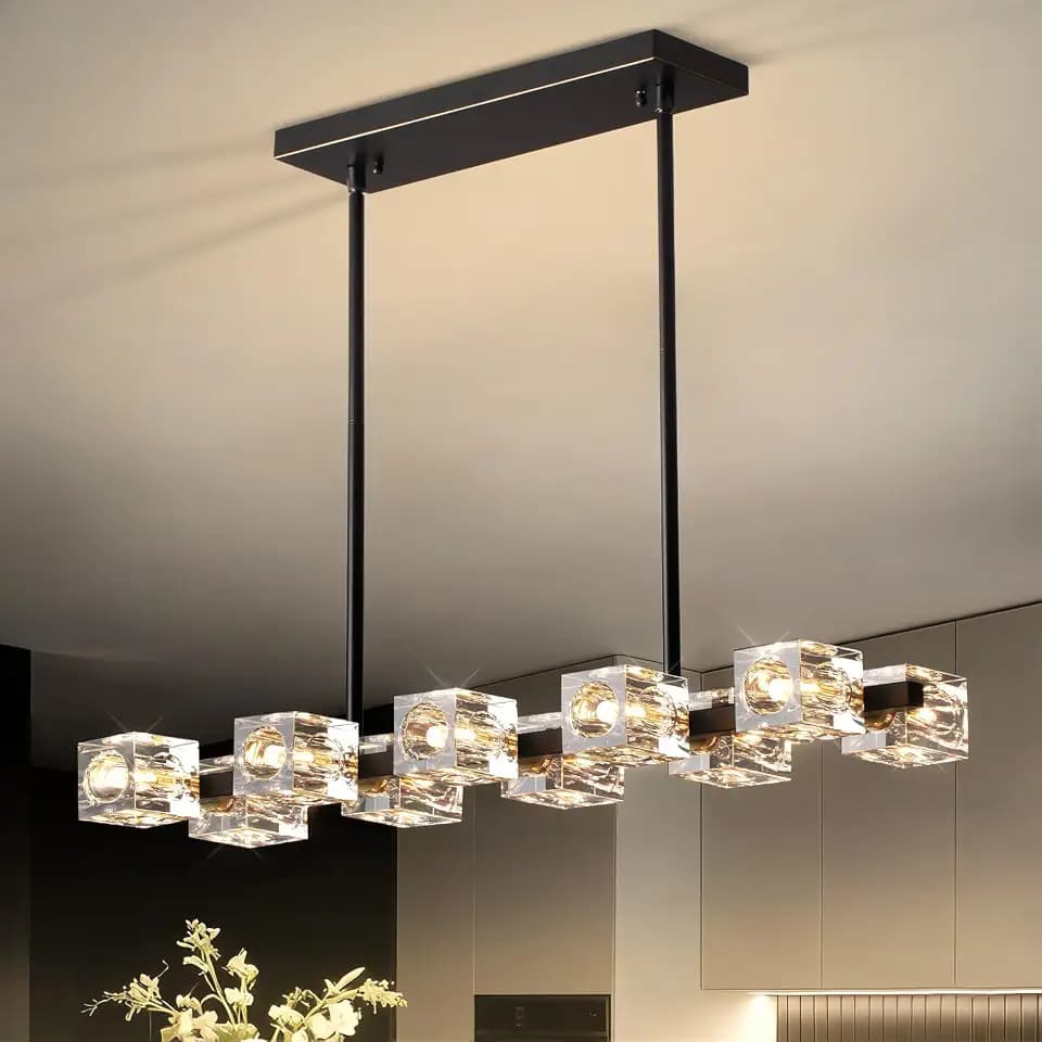 Modern Crystal Chandeliers for Dining Room,Black and Gold Pendant Lights Fixture 10 Lights Adjustable Height Hanging Ceiling Light for Kitchen Island Bedroom Over Table Living Room