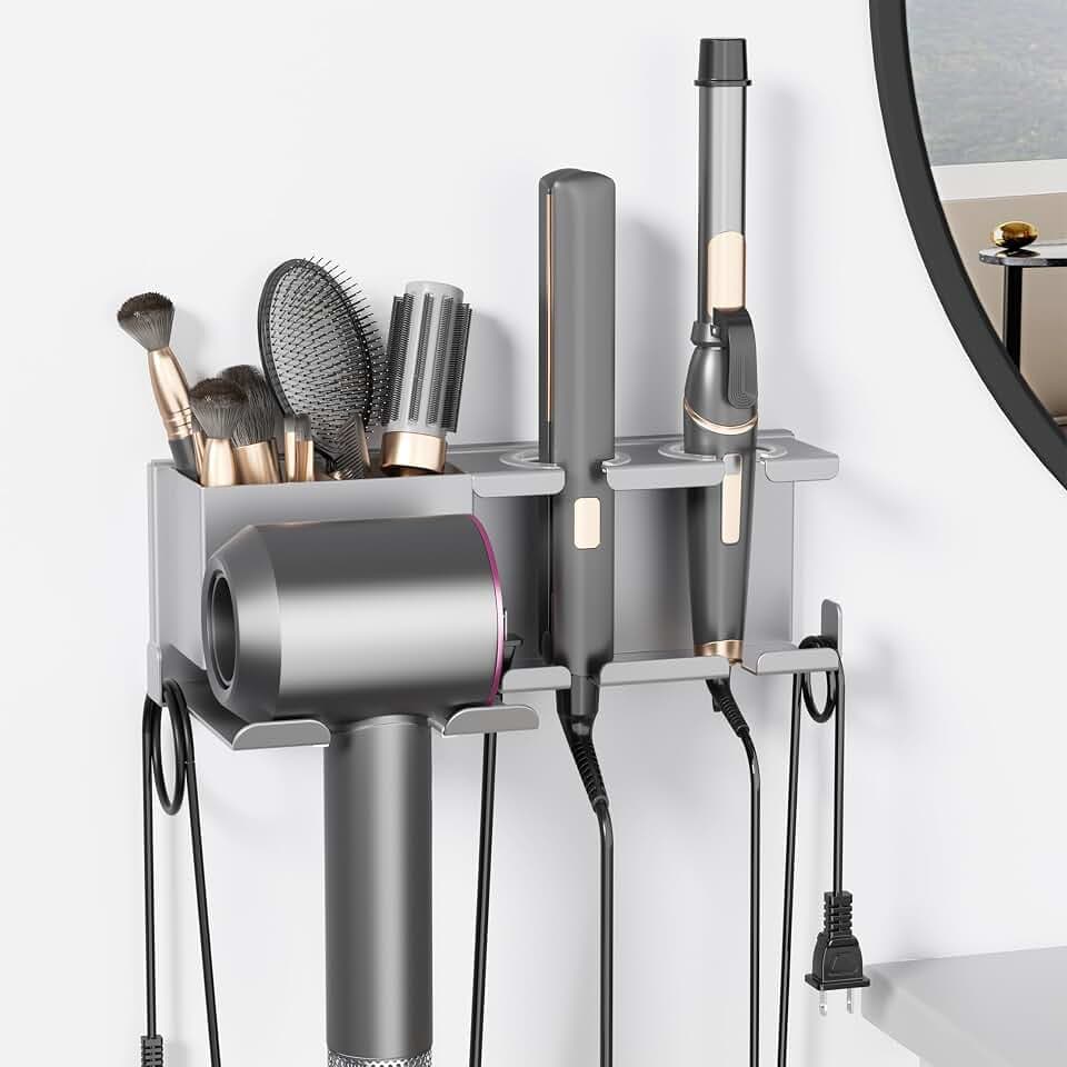 Hair Dryer Holder, Hair Tool Organizer, Blow Dryer Hanger Wall Mount for Dryer Hook, Bathroom Space-Saving Blow Dryer Organizer, Curling Irons Storage Wall Mounted (Gray)