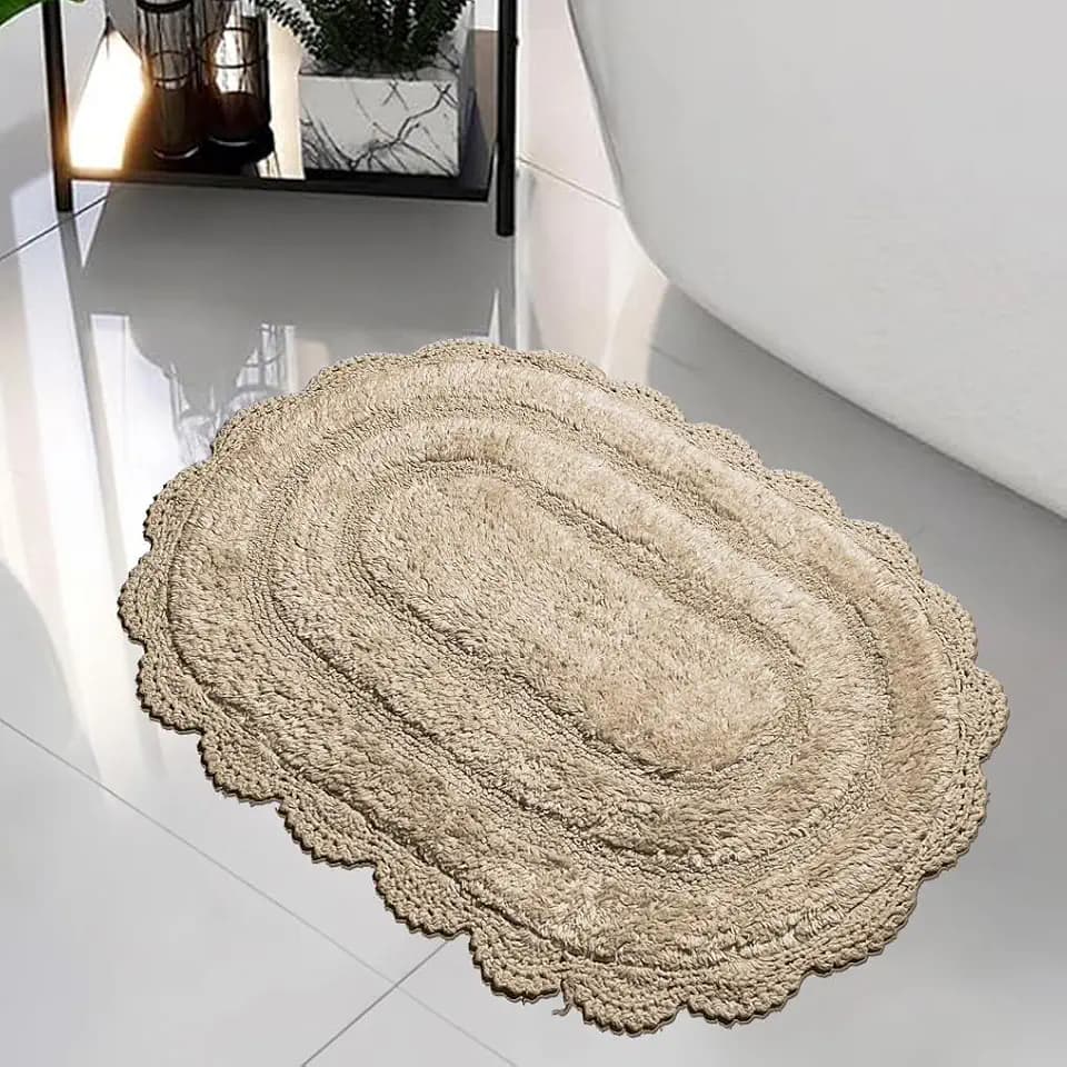 Chardin home Crochet Bathrug, Beige, 100% Cotton, 17x24 Inch Oval