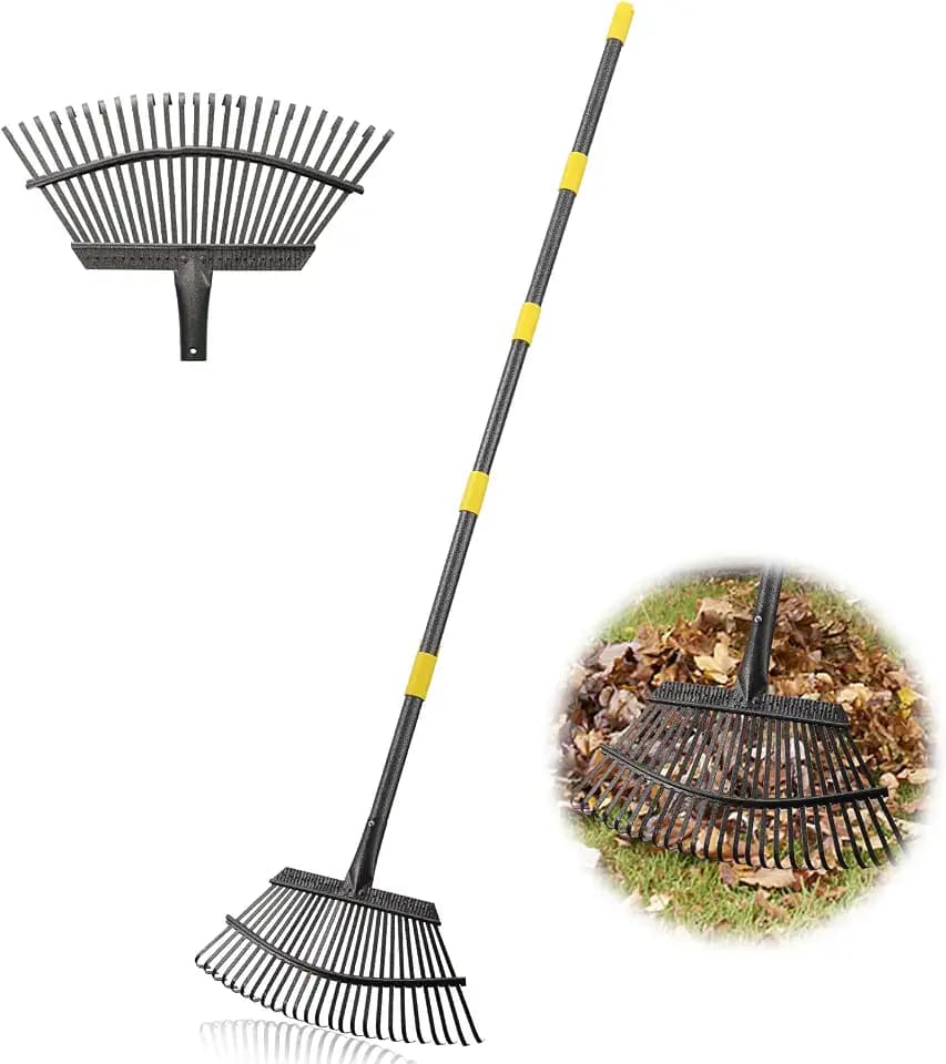 Garden Rake for Leaves, 18" Wide Head, 25 Steel Tines, Adjustable to 74 in