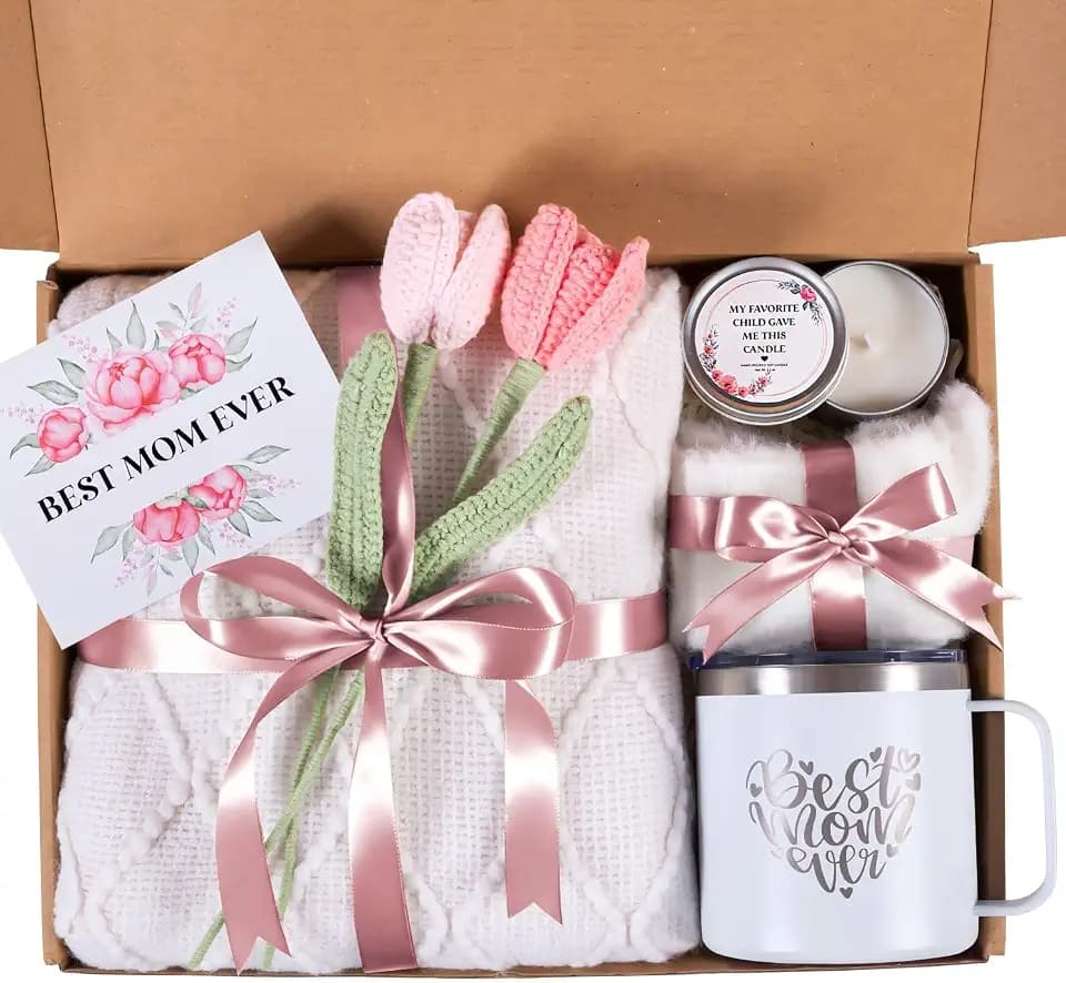 Mothers Day Gifts for Mom from Daughter Son Child, Mother Day Gift Basket for Stepmom, Mother-in-Law, Best Mom Ever Gift Box Set with Blanket Coffee Mug Socks Crochet Tulips Flower