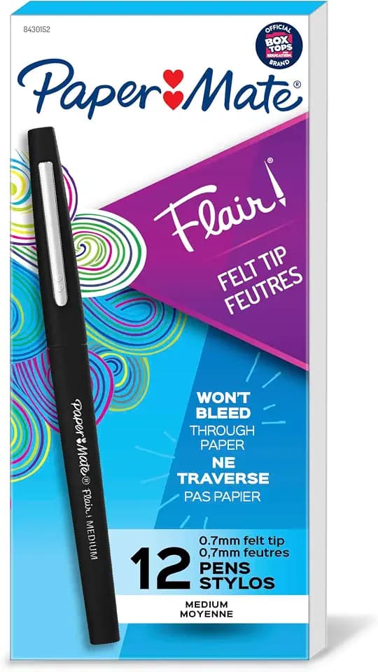 Paper Mate Flair Felt Tip Pens, Medium Point (0.7mm), Black, 12 Count - Teacher Supplies, Journaling, Note-Taking, Writing