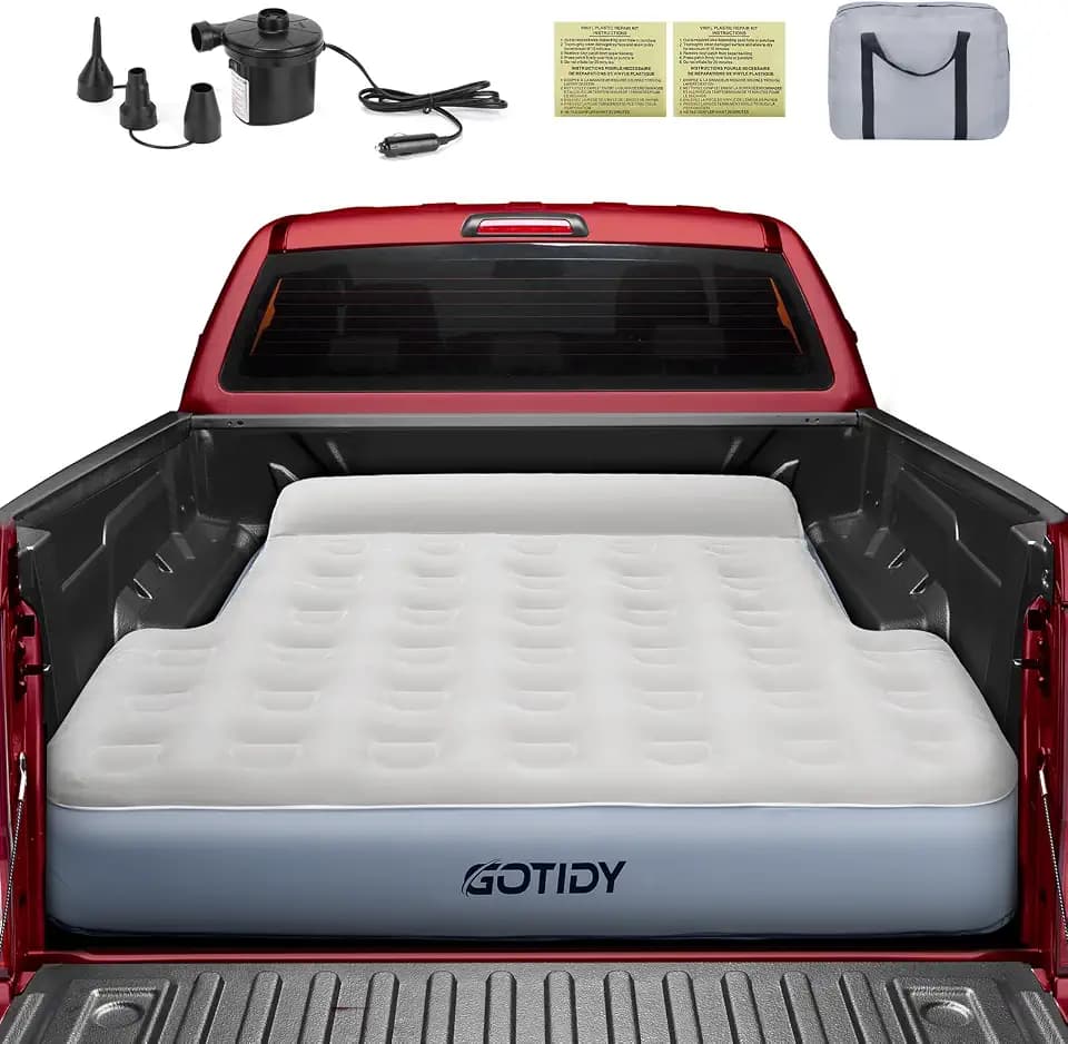 Short Truck Bed Mattress 5-5.5ft for Mid-Size Pickup,Truck Bed Air Mattress for Tacoma Honda Ridgeline Jeep Gladiator JT 5ft, Wired Air Pump, Oversized Carry Bag, Integrated Pillow