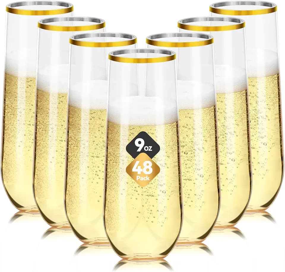 Showgeous 48 Pack 9oz Stemless Champagne Flutes Plastic with Gold Rim