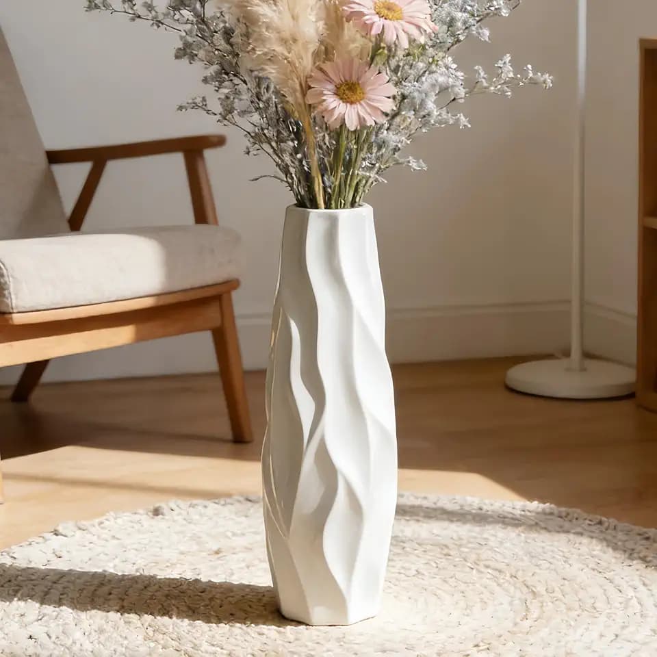 White Tall Ceramic Floor Vase, 17.7 Inch, Pleated Wave Design