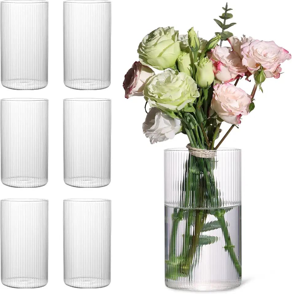 6 Inch Clear Glass Ribbed Cylinder Vases for Centerpieces, Pack of 6
