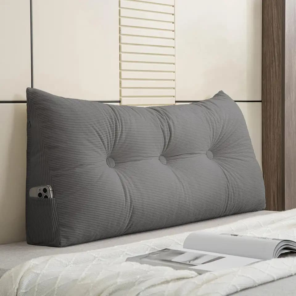 Large Grey Bed Wedge Headboard Pillow Twin College Dorm Reading Cushion Back Support Corduroy Triangular Lumbar Bolster Body Positioning Pillow
