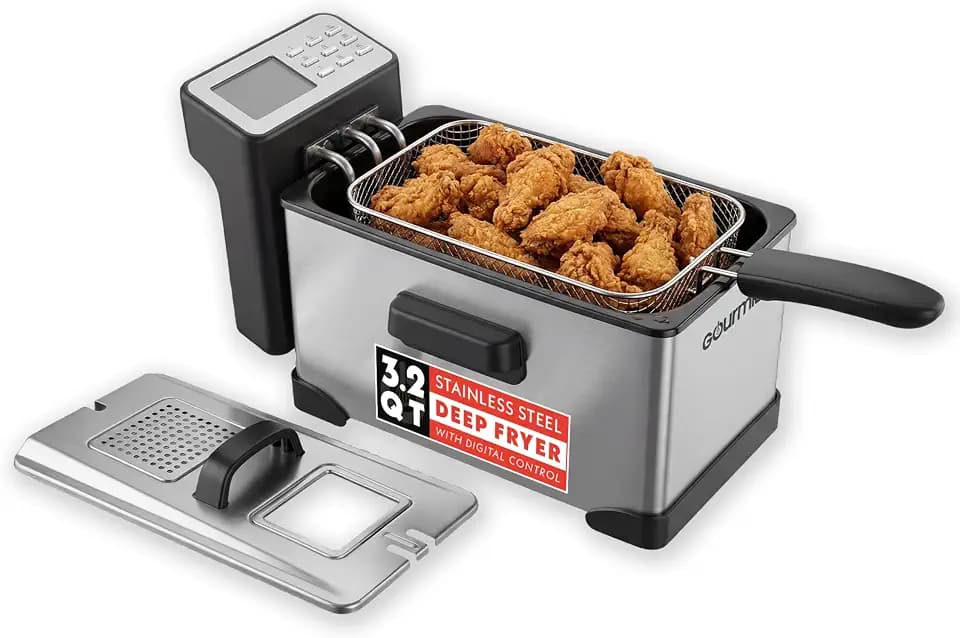 Gourmia 3.2 Qt Countertop Deep Fryer – Electric Oil Fryer with Digital Display, Adjustable 280°F–380°F Temperature Control, Viewing Window, Odor Filter Lid & Magnetic Safety Cord