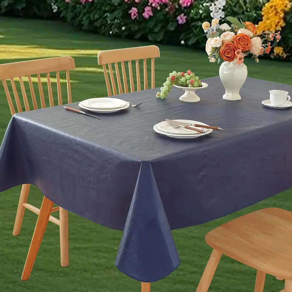 Wondwrla Rectangle Tablecloth, Vinyl Tablecloths with Flannel Backing, Waterproof Wipeable Oil-Proof, Plastic Table Cloth for Dining, Picnic, Camping, Indoor and Outdoor (Dark Blue, 52" x 70")