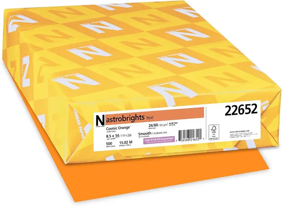 Neenah Astrobrights Color Paper, 8.5” x 14”, 24 lb/89 GSM, Cosmic Orange, 500 Sheets (22652)