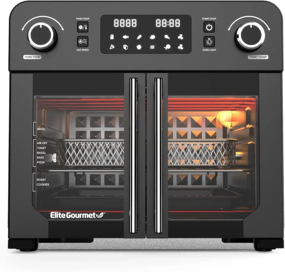 Elite Gourmet 24.5Qt French Door Air Fryer Oven, 12" Pizza, Convection