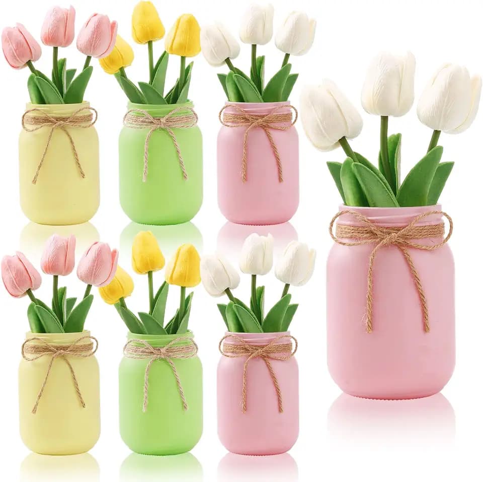 Lyrow 6 Pack Summer Centerpieces for Tables Mason Jar Flower Arrangements Artificial Tulips Farmhouse Table Decor for Home Kitchen Bedroom Outdoor Party Wedding Tiered Tray Decorations