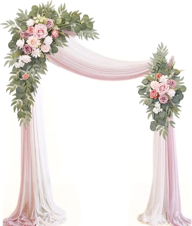 Muhanjia Artificial Wedding Arch Flowers Kit(Pack of 4),2Pcs Artificial Flower Arch Decor, 2Pcs Chiffon Fabric Drapes, Ceremony Decoration, Floral Outdoor Party Decor (Dusty Rose & Champagne)
