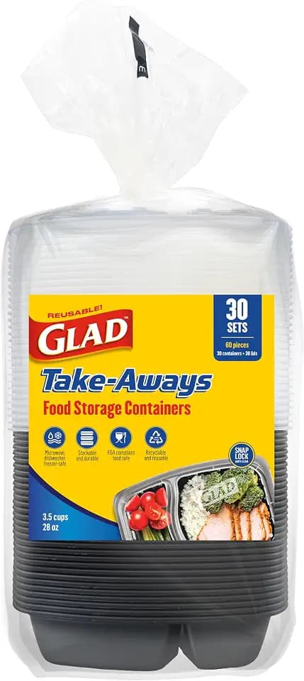 Glad Take-Aways 30-Pack Snap-Seal, 2-Compartment, Dishwasher and Freezer Safe, Reusable Food Storage, Meal Prep Containers, Made in North America (28 oz, BPA Free)