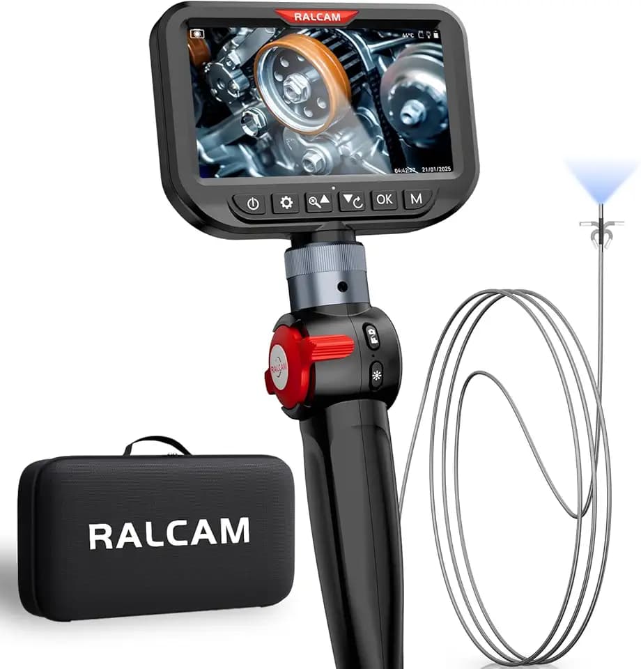 Ralcam Endoskopkamera mit Licht, Endoscope Camera mit 210° beweglichem Kopf, 5" HD Bildschirm, IP67 Inspektionskamera, 1,5M Edelstahl-Serpentinenrohr, Rohrkamera für Auto & Haus (3.0mm Sonde)