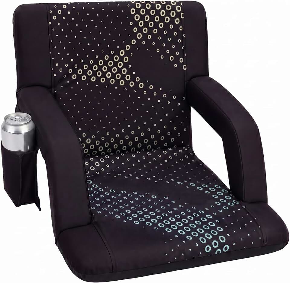 SereneLife Stadium Seats with Back Support for Bleachers, 21" Wide Seat, 6 Recline Positions, Padded Armrests, Cup Holder, Shoulder Straps, 450 lbs Capacity, Black