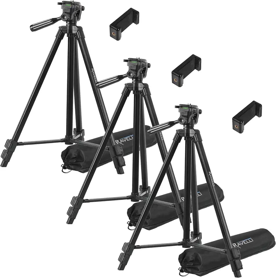Ravelli APLT3 53" (3-Pack of Tripods) Light Weight Aluminum Tripod, with Three Carrying Bags and Three Universal Smartphone Mount Adapters