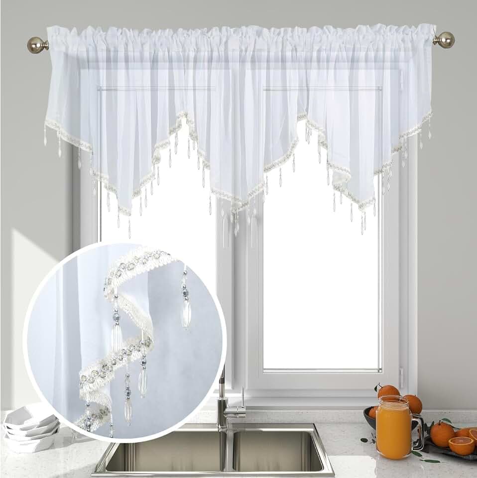 3 Piece Beaded Triangle Sheer Valance Curtains for Windows Kitchen Living Room Bathroom Bedroom Voile Sheer Rod Pocket Short Window Valance Curtains (White,51"x24")