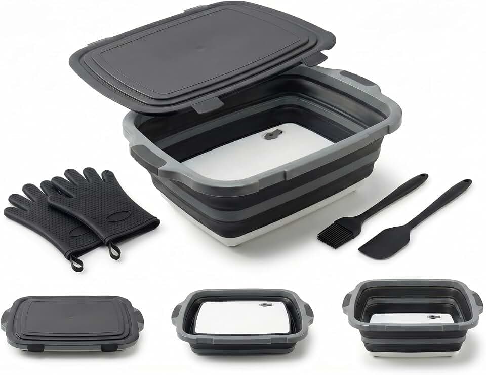 Collapsible BBQ Prep Tub with Lid & Integrated Cutting Board, 16L XL Meat Marinating Basin with Drain Plug, Foldable Grill Prep Station with Heat-Resistant Gloves, Brush & Spatula (X-Large, 16L)