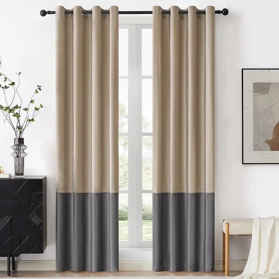 BULBUL Luxury Color Block Velvet Curtains 102 inch Long- Champagne Gray